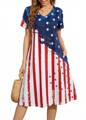 Image of LUKYCILD American Flag Dress Women 4th of July Patriotic Shirt USA Stars Stripes Dresses Sexy V- Neck Summer Sundress