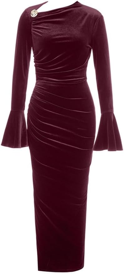 JSEIAJB Sexy Slant Neck Side Slit Flared Sleeve Long Sleeve Slim Velvet Dresses for Women(Small)