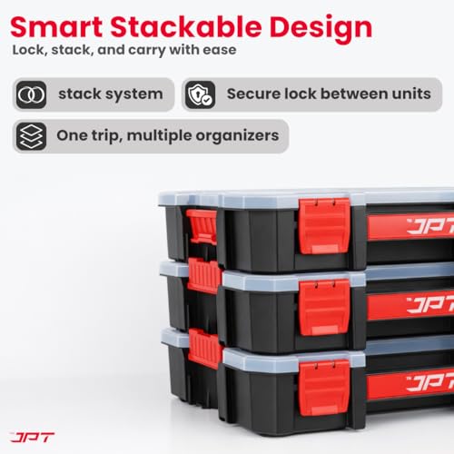 Image of JPT Medium Ultra Heavy Duty Tool Organiser Box | Plastic Storage Case with Transparent Lid, 14 Compartments & 8 Removable Dividers, Locking Latch | Stackable Hardware & Parts Organizer