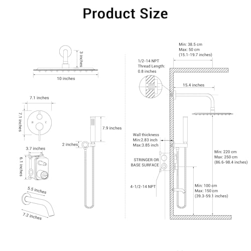Juego de grifería para ducha lluvia de 10 pulgadas con salida para bañera, acabado niquel cepillado | Cartucho antiscald, tecnología Air Tech que aumenta la presión un 50 %, divisor de 3 funciones, conexión NPT 1/2" miniatura 7