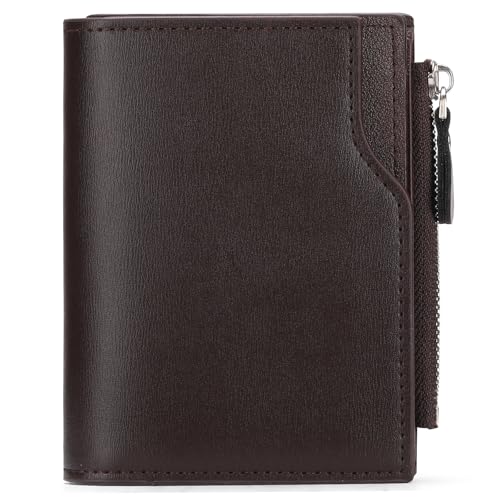 LOUEBICA Cartera minimalista de cuero para hombre, con bloqueo RFID, gran capacidad, triple pliegue, con ventana de identificación y bolsillo con cremallera para monedas, Marrón claro