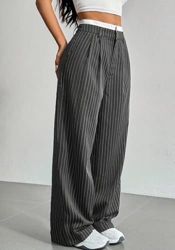 HuiSiFang Women's Striped Pants Color Block Casual High Waisted Elastic Wide Leg Loose Fit Dress Pants Straight Trousers2