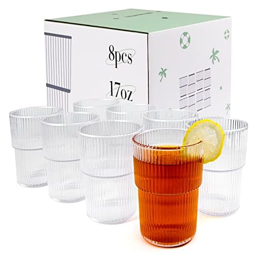 REALWAY Plastic Tumblers, Unbreakable Ribbed Glasses,17OZ Origami Style Drinking Cup, Reusable Plastic Glasses Drinking Dishwasher Safe, Clear Acrylic Cups -Stackable- for Kitchen Poolside, Set of 8