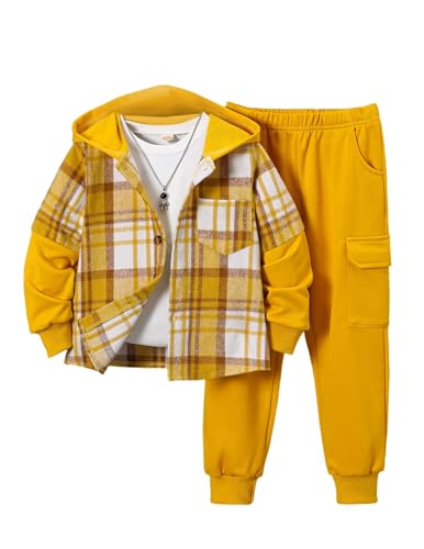 Jolyshlid Boys 2 Pieces Sweatsuit Flannel Plaid Shirt Tops Hoodies Cargo Sweat Pants Clothing Set Yellow 5-6Y
