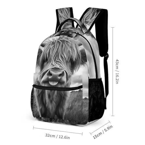 Highland Cow Black And White Printed Backpack with Lunch Box Bag Pencil Case Pouch 3pcs Daypack Set for Women Men2