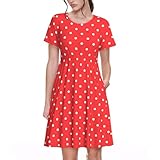 JBYJBX Vestido de manga corta con estampado de lunares rojos y blancos para mujer, vestido casual de verano, bolsillos, hasta la rodilla, cuello redondo, NEGRO, XXL