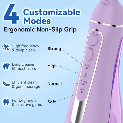 Image of Cordless Portable Water Flosser with 300ML Tank: Rechargeable Oral Irrigator with 5 Tips for Travel, Braces Care and Sensitive Gums, IPX7 Waterproof Teeth Cleaning Device(Purple)