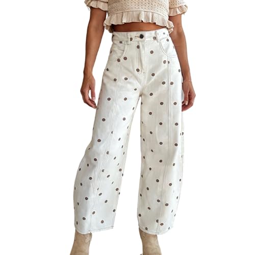 Image of FeMereina Y2k Polka Dot Barrel Jeans Women Seam Front Baggy Jeans Casual High Waist Wide Leg Denim Pants (Light Brown, XL)