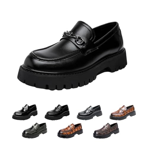 Mens Patent Leather Slip-On Platform Dress Leather Printed Platform Penny Loafers Fashion Round Toe Metal Decoration Non-Slip Thick Sole Business Dress