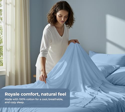 Image of Royale Linens 100% Organic Cotton Twin XL Sheet Set - Percale Weave - 3 Pieces Set - 1 Flat, 1 Deep Pocket Fitted Sheet and 1 Pillowcases -Lake Blue Bed Sheets -Sabanas Twin XL -Crisp Cool (Lake Blue)