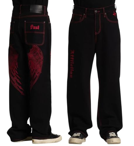Affliction Men's Black Denim Jeans with Red Wing Embroidery, Gothic Style, Contrast Stitching, Wide Leg Design