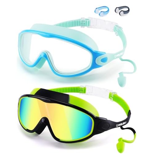 WIN.MAX Swimming Goggles 2 Pack Anti Fog Anti UV Clear View for Men Women Boys Girls,Swim Goggles for Adults Youth Kids 4-14 Kid-blackgreen Mirror Gold Lens&bluegreen Clear Lens