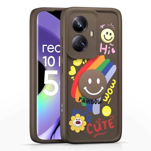 Image of Pikkme Back Cover for Realme 10 Pro Plus 5G | Soft Silicone| Cute Rainbow Smile & 3D Cartoon Flower Design | Shockproof Raised Camera Protection Bumper Case (Brown)