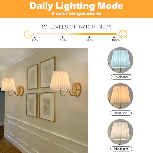 Image of PASSICA DECOR 180 Swing Arm Battery Operated Wall Sconce Set of 2 Wireless Rechargeable LED, 15 Colors Dimmable, Remote Timer, for Bedroom Living Room Gold