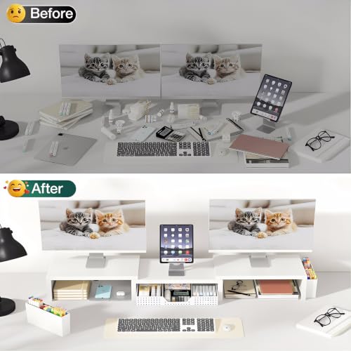 Image of OPNICE Desk Organizer and Accessories, Computer Monitor Stand Riser with Drawer and 2 Pen Holders, Laptop Stand, Office Desk Accessories for Office Supplies, White