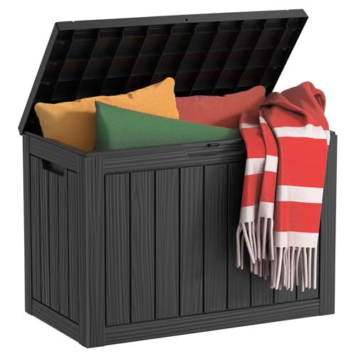 EasyUp Caja de resina de 45 galones, impermeable, resistente a los rayos UV, caja de almacenamiento al aire libre para entrega, patio, jardín, porche y juguetes, rayas negras