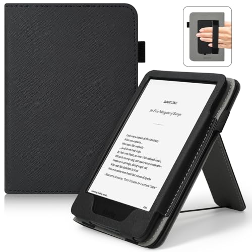 YAVIV Case with Stand for for 6" Kindle (2024 & 2022, 11th Gen) – PU Leather Smart Cover with Auto Sleep/Wake & Hand Strap for Kindle 2024, Black