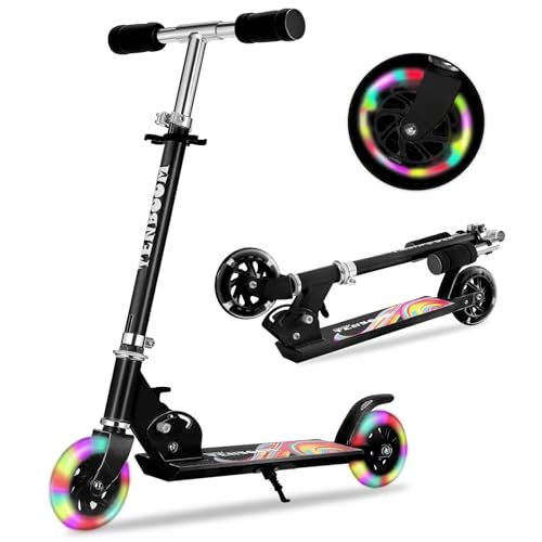 TENBOOM Scooter for Kids Ages 3-12 - Kids Kick Scooters with Led Light Up Wheels & 3 Levels Adjustable Handlebar, Lightweight Foldable 2 Wheel Girly Pink Scooter (Black)