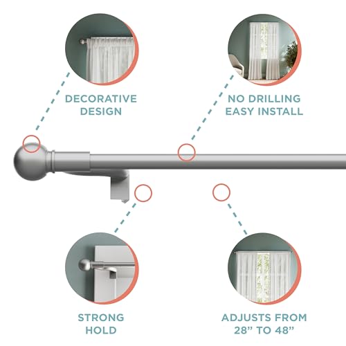 Zenna Home Adjustable Curtain Tension Rod with Decorative Round Finials, No Drill Small Window Rod, Easy Install Expandable Tension Curtain Rod for Windows, 28 to 48 Inch, Brushed Nickel - Thumbnail 4