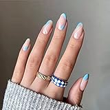 KXAMELIE Glossy Press On Nails Short, Glue on Nails with Blue Wavy Lines Design,Almond Fake...