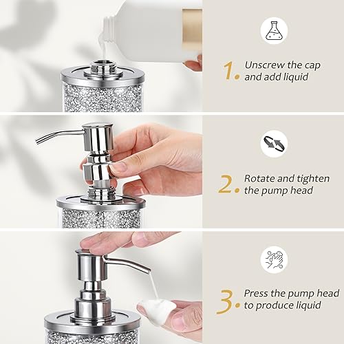 Sumnacon Soap Dispenser Bathroom Sparkling Hand Dispenser with Stainless Pump,Silver Crushed Diamond Dish Soap Dispenser for Kitchen Decorative Soap Dispensers for Kichen Sink Bathroom Countertop by Sumnacon - Image 6
