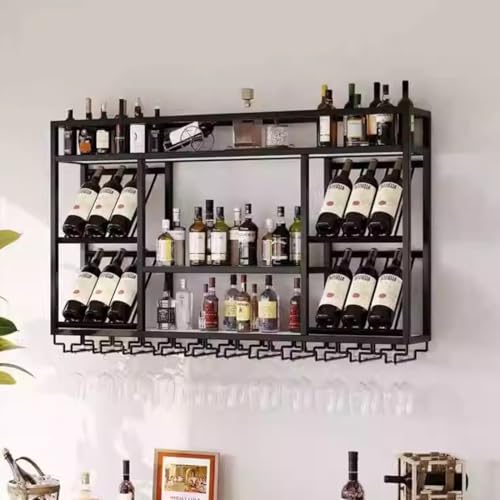Botellero Industrial de Pared de 3 Niveles con portavasos y portabotellas, Estante Colgante para licores, para Comedor, Cocina, Sala de Estar, Estante Flotante (Negro, 120 cm)