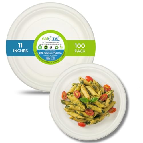 Image of EATONS Bagasse Disposable Plates [11 inch,100 Pack] I Eco Friendly Biodegradable Compostable Sugarcane Paper Plates | Full Meal I Serve Snacks & Dinner I Birthday, Wedding, Party I Round I White