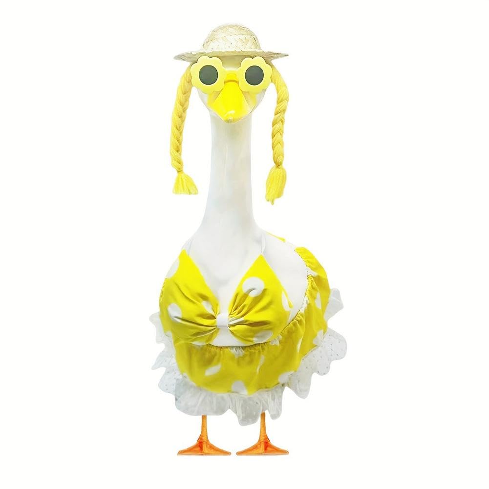 Summer Bikini Porch Goose Outfits, Yellow Hawaiian Porch Goose Clothes Includes Hat Skirt and Tube Top for Spring Summer Outdoor Yard Lawn Patio Decoration