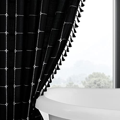 Gibelle Black Boho Farmhouse Shower Curtain With Tassels, Rustic Cottagecore Aesthetic Bohemian Chic Modern Bathroom Decor Thick Waffle Textured Fabric Shower Curtain Set With Hooks, 72X72 #TOP6