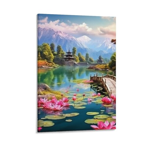 Image Sur Toile Pont en Bois Décoration Murale Salon Tableau Lotus 40x60cm VSFCRQRQ