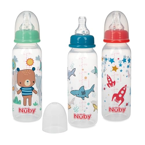 Nuby Non-Drip Standard Neck Baby Bottles - (3 Pack) 4 oz - Vari-Flo Flow Control Nipple - Anti-Colic Air System - 0+ Months - Bear/Shark/Rocket