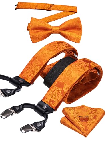 YOHOWA Mens Suspenders Set 6 Clips Strength Adjustable Y-Back Orange Braces Pre-Tied Bow Tie Formal Wedding Party