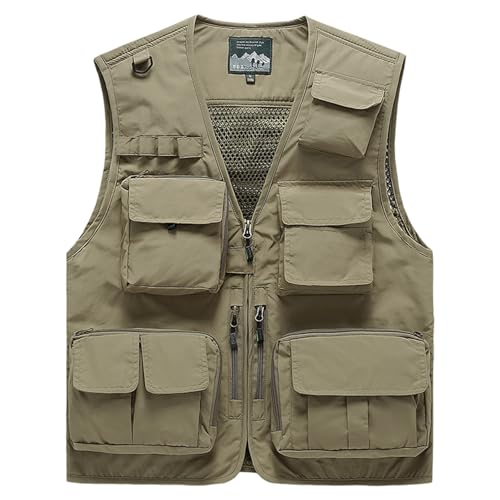 Gilet de pêche homme multipoche kaki léger pour la randonnée
