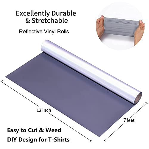 Image of Reflective Heat Transfer Vinyl Reflective HTV Vinyl Rolls Pack 12 Inch x 7 Feet Iron on Vinyl for Cricut T-Shirts DIY Design, Silhouette Cameo & Heat Press Machine(Reflective Light Grey)