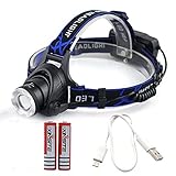 Youcan View Rechargeable Bright High Power Headlamp, Waterproof Camping headtorch, Zoomable LED Headlight, Long Lasting Adjustable Head Lamp, Hands-Free Spotlight, T6 USB, Black