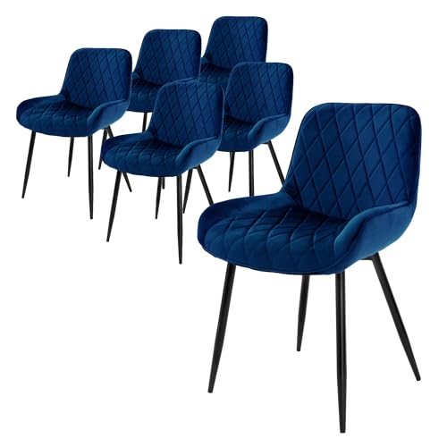ML-Design Set de 6 Chaises de Salle à Manger, Bleu Foncé, avec Dossier et Accoudoirs, Assise Velours, Pieds Métal Noir, Style Rétro, Fauteuil Moderne de...
