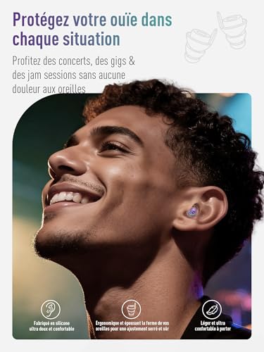 Hearprotek bouchon d'oreille-protection auditive bouchon oreille concert anti bruit-protection ear plugs pour la musique Musiciens, fêtes, Batteurs,avion,moto 23dB taille M 1paire,Iridescente – vue 3
