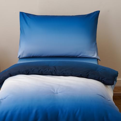 Image of Wellboo Blue White Gradient Toddler Bedding Sets for Girls Boys Ocean Sea Blue 4 Pieces Soft Crib Bed Set Including Comforter, Sheets and Pillowcase Kids Soft Abstract Art Watercolor Quilt Warm