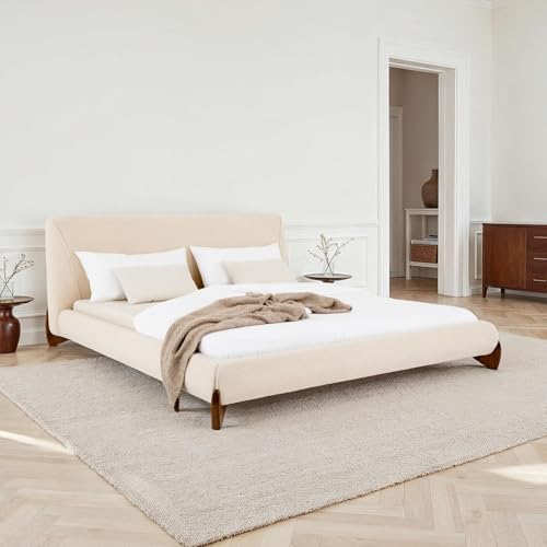 IDIMEX Polsterbett PATERNA gepolstert 180 x 200 cm, beige – modernes Doppelbett mit stabilem Lattenrost aus Holz, Bouclé Stoffbezug und Holzbeine Mid Century Design