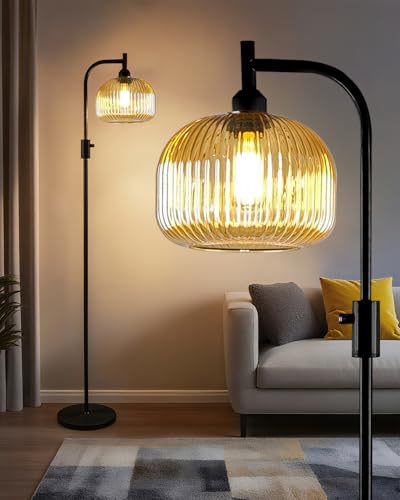 Image of Lightdot 64IN Glass Floor Lamp for Living Room, Dimmable Modern Standing Lamps with Brown Ribbed Glass Shade, Industrial Floor Lamp with Bulb Included for Bedroom /Sofa Beside /Corner Decor-Black