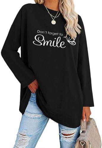 Teesho Damen Langarmshirt Oversize | 100% Baumwolle | Bedrucktes Longshirt als Pullover | Loses Oberteil für Casual Style | Tunika-Look (schwarz/XXL)