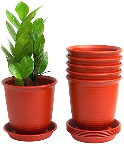KAHEIGN 6Pcs Plastic Flower Pots, 15.5cm Thicken Plant Pots Plant Container Indoor Gardening Pot with Drainage Pallet (Brick red)