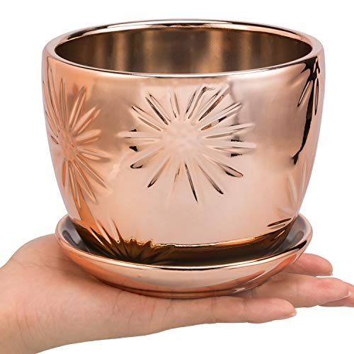 Mygift Rose Gold Ceramic Indoor Plant Pot With Drainage Hole And Decorative Sunburst Design, 5 Inch Round Succulent Planters With Attached Saucers, Set Of 2 #TOP4