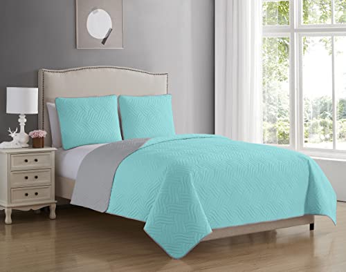 Blissful Living Reversible Luxury Pinsonic Solid Quilt Set Including Shams – Lightweight And Soft For All Year Round Comfort, Available In Twin, Full / Queen And King Size (Aqua/Grey, Twin) #TOP28