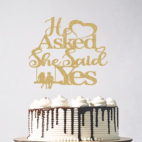 Glitter He Asked She Said Yes Cake Topper, Swing Mr & Mrs Wedding Engagement Cake Topper, Bridal Shower Anniversary Party Decorations Gold