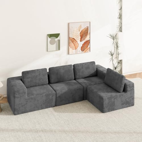 Advwin 340cm 4 Seater Sofa, Convertible L Shaped Sofa Chenille Fabric Modern Modular Sectional Couch No Assembly Sponge Modular Sofa Grey for Bedroom Living Room