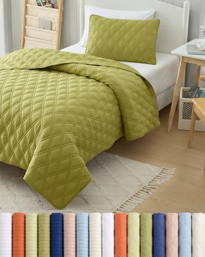 Quilt Set Twin Size - Boho Bed Set, Diamond Stitch - Olive Green, 68" x 86"