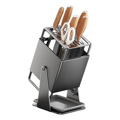 包丁ホルダー | 9スロット オーガナイザー ラック 水切りトレイ付き,30度 回転式 カッター スタンド,家庭用 カウンター レストラン 食品準備 日常料理 アウトドア用