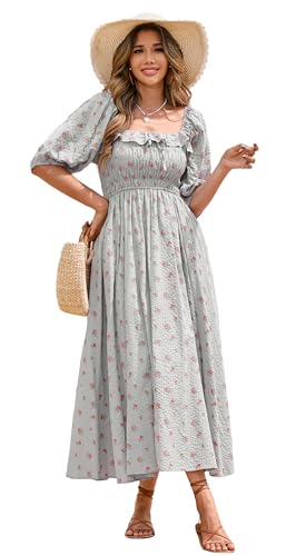 Image of R.Vivimos Women's Square Neck Floral Slim Fit Half Sleeve Dresses Cottagecore Long Midi Dress(Small,Gray#1-Floral)