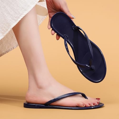 Image of Womens Flip Flops Thong Sandals Jelly Shoes Flat for Ladies Slides Black Slippers Size 9 Slip On Summer Beach Dressy